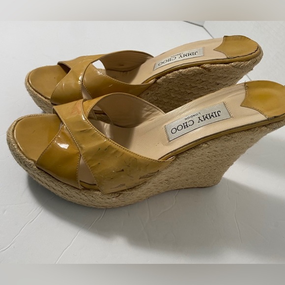 JIMMY CHOO Patent Leather Phyllis' Espadrilles Wedges Yellow-Tan Size 42 “as is” - Picture 2 of 10